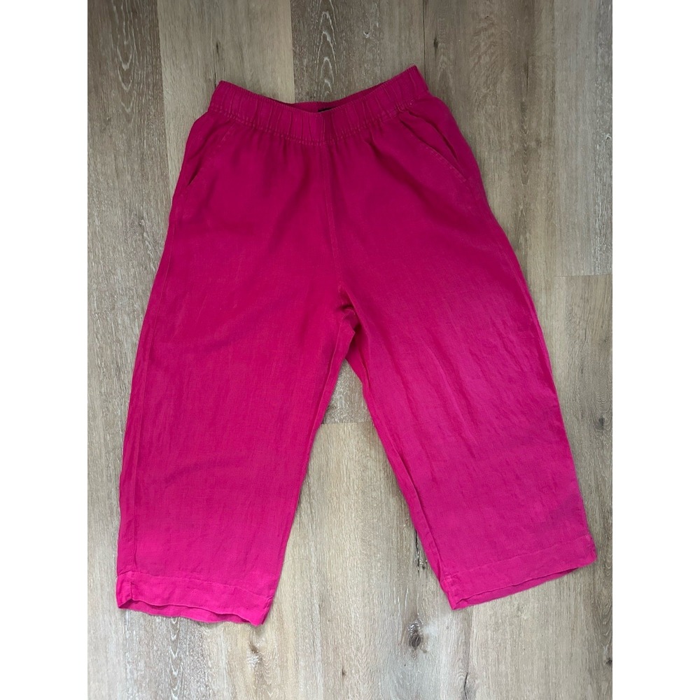 Tahari Sz. L Wide Leg Crop Pants Linen Hot Pink Pockets Elastic Waist
